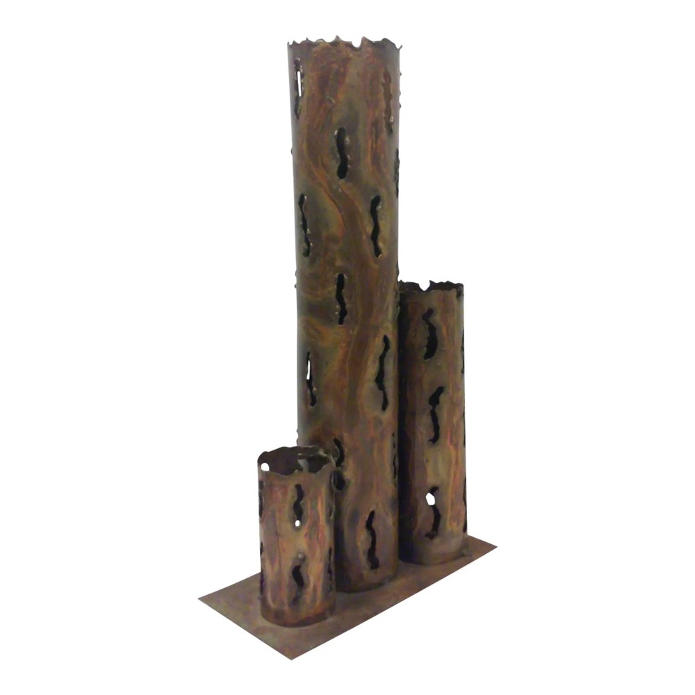 Mid Century Brutalist Torch Cut Metal Sculpture Art Piece Decorative Vase